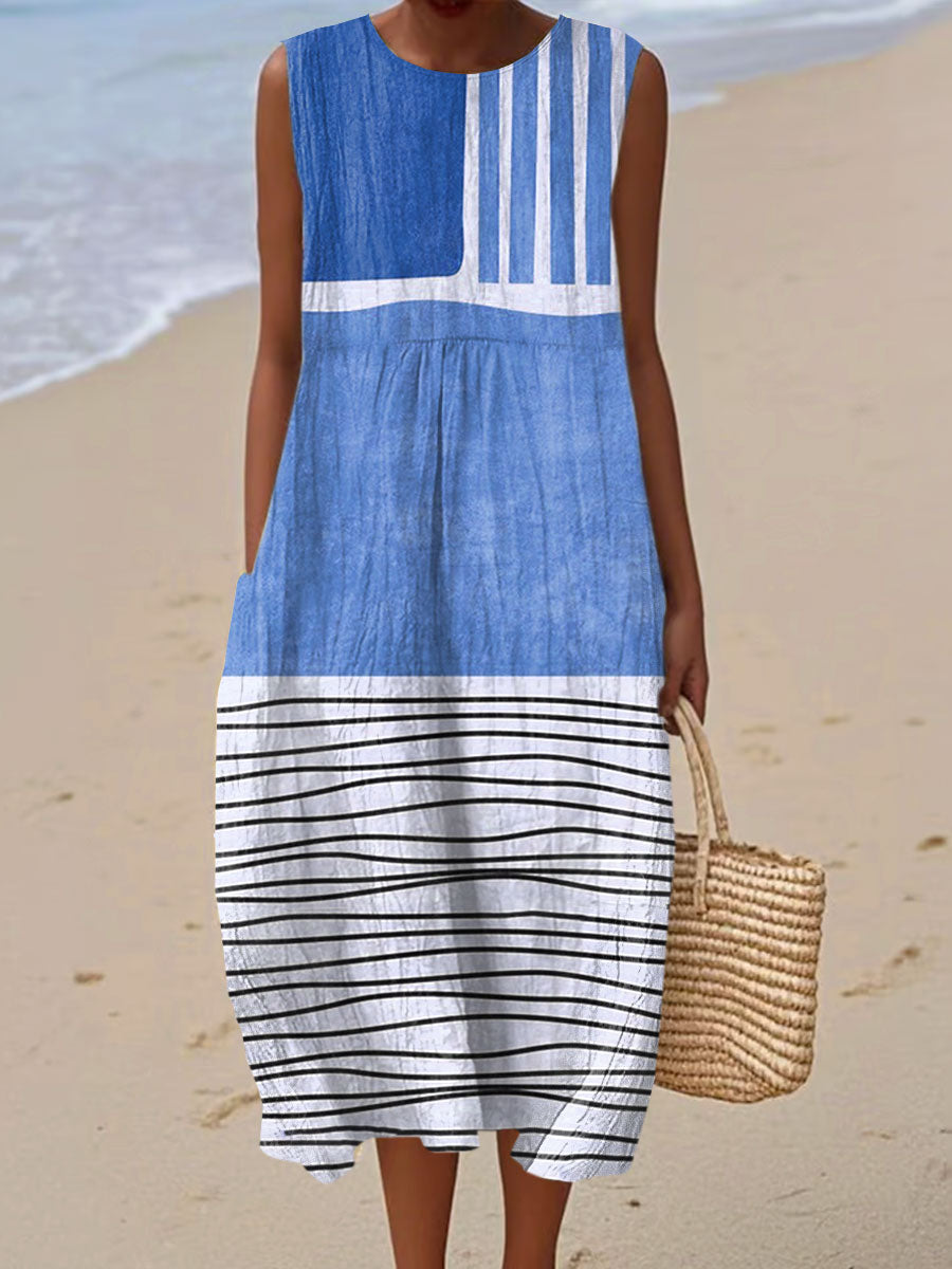 Women's Vintage Abstract Geometry Art Print Sleeveless Cotton Pocket Wrap Dress