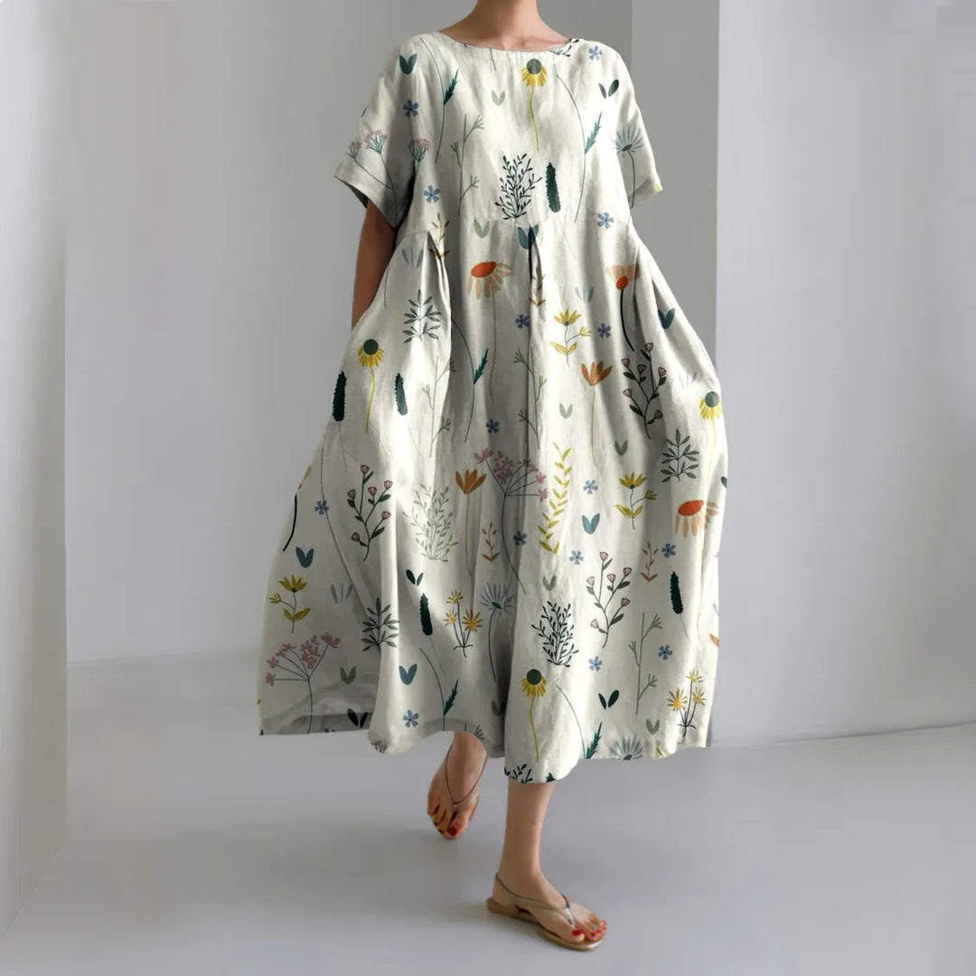 Vintage Floral Linen Blend Loose Casual Midi Dress