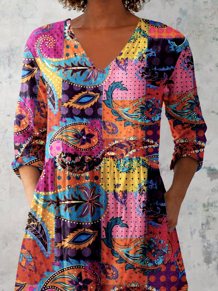 Women's Art Geometric Floral Print V-Neck   Top