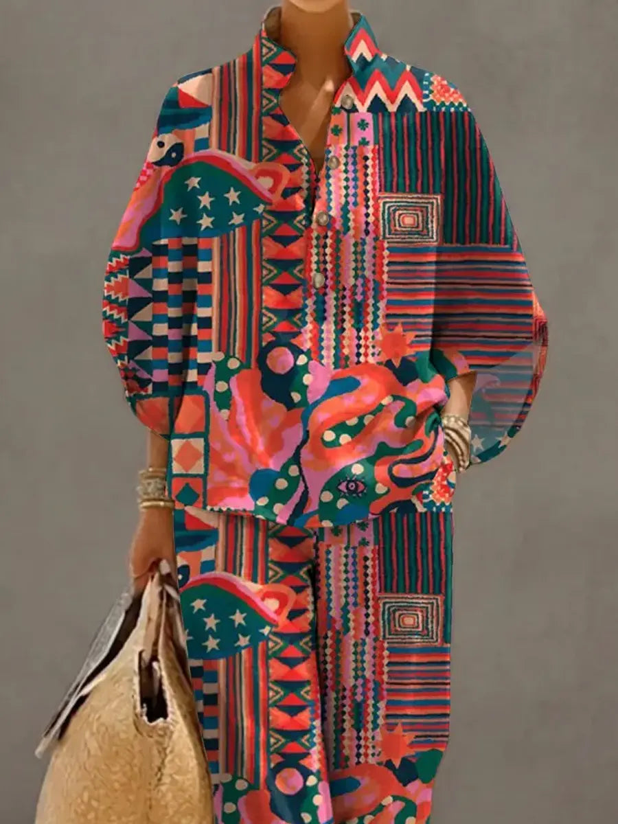 Women's Retro Art Print Casual 3/4 Sleeve Top And Pants Cotton Linen Suits