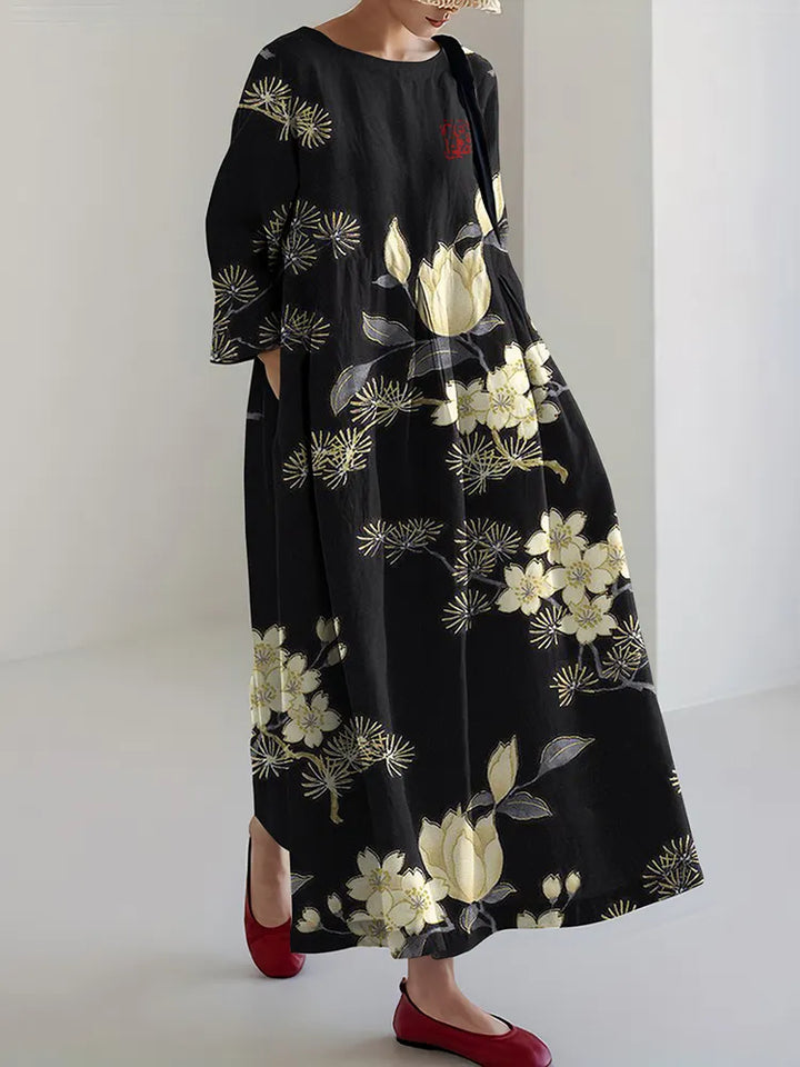 Vintage Japanese Flower Art  Casual Midi Dress