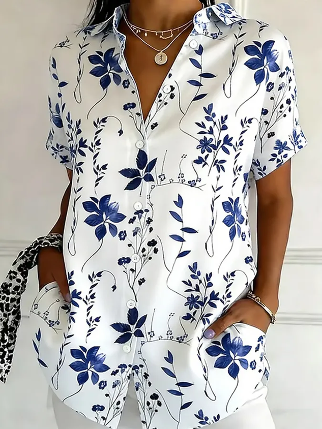 Women's Floral Print Loose Fit Short Sleeve Button Up Shirt