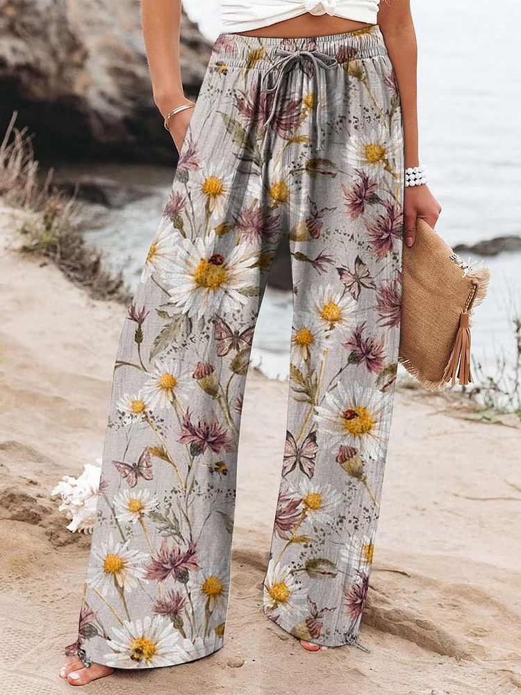 Women's Vintage Flowers Art  Printed Cotton And Linen Casual Pants