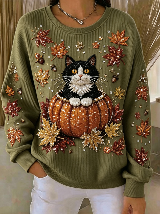 Casual Cat Crew Neck Long Sleeve Sweatshirt