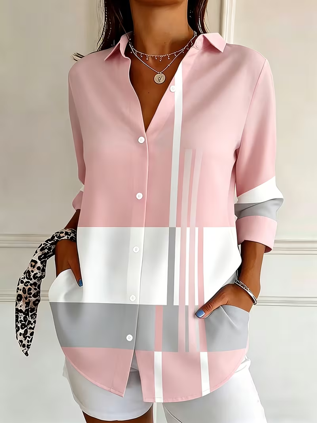 Women Abstract Casual Shirt Shirt Collar Long Sleeve Buckle Top