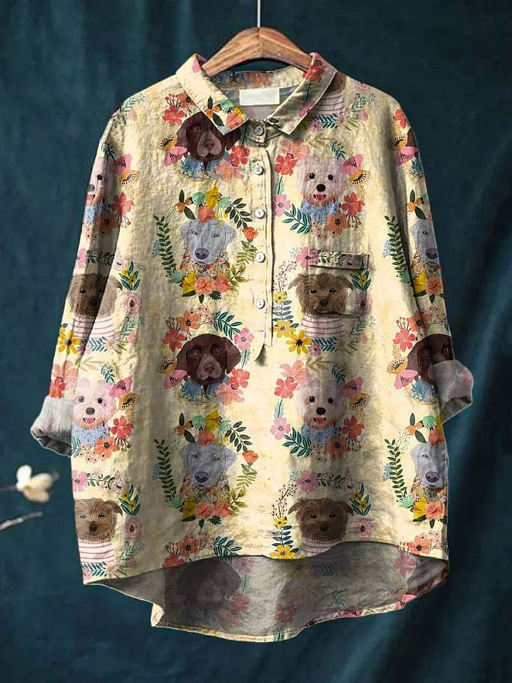 Vintage Lovely Floral Dogs Art Print Casual Cotton And Linen Shirt