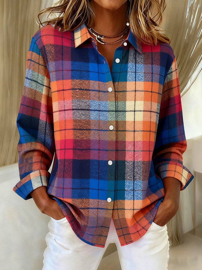 Women's Plaid Print Casual Lapel Shirt