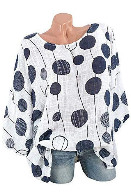 Polka Dot Print Round Neck 3/4 Sleeves Blouse