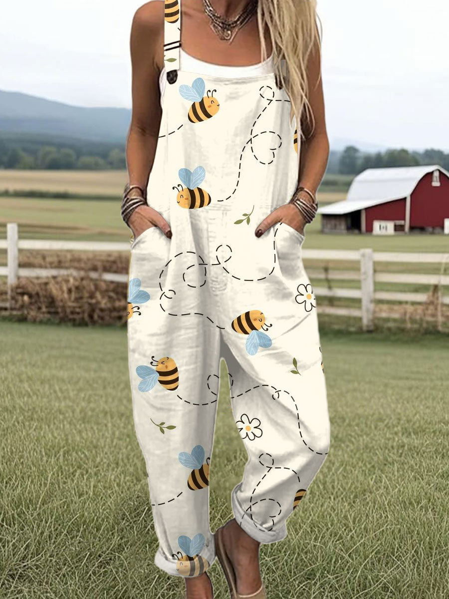 Women's Vintage Funny Bee Art Print Casual Cotton Wide Leg Jumpsuit