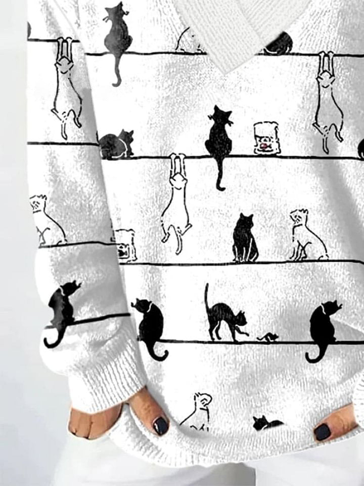 Women's Cat Print Casual Long Sleeve Sweater