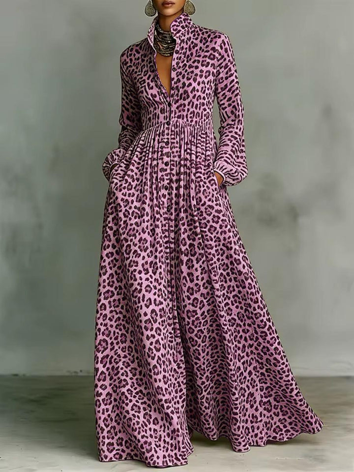Women's Leopard Print Shirt-collar Long-sleeve Casual Loose A-line Dress