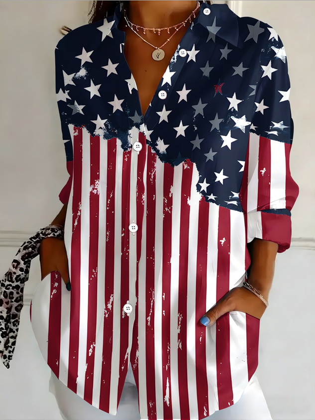 Shirt Collar Regular Sleeve Long Sleeve Independence Day (Flag) Buckle Regular Loose Button Up Shirt Shirt For Women