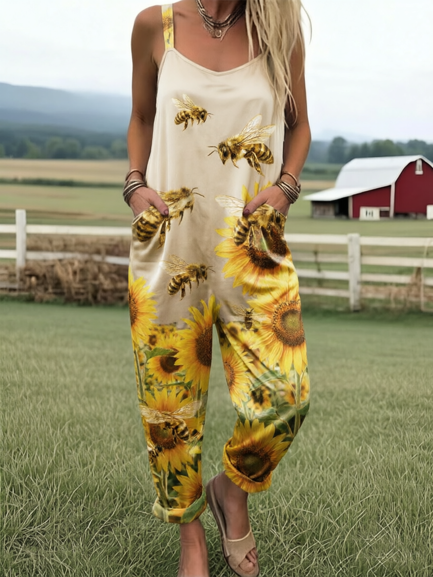 Women's Vintage Sunflower and Bee Print Sleeveless Loose Jumpsuit