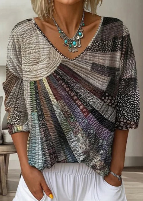 Bohemian Black V Neck Print Cotton T Shirt Bracelet Sleeve