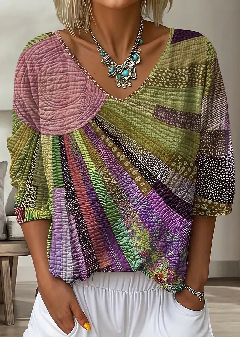 Bohemian Purple V Neck Print Cotton T Shirt Bracelet Sleeve