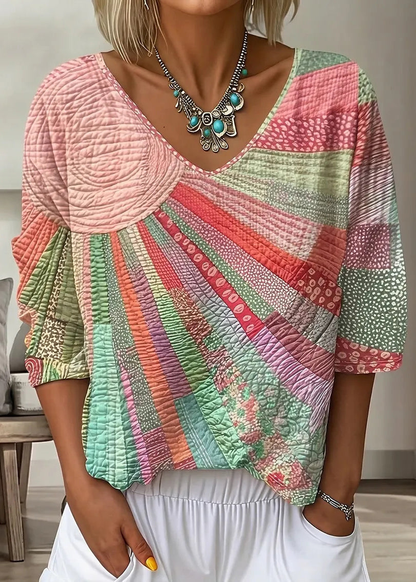 Bohemian Pink V Neck Print Cotton T Shirt Bracelet Sleeve