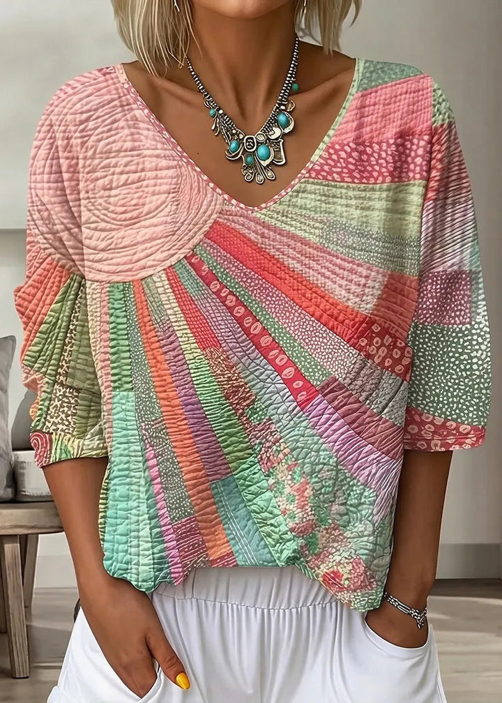 Bohemian Gold V Neck Print Cotton T Shirt Bracelet Sleeve