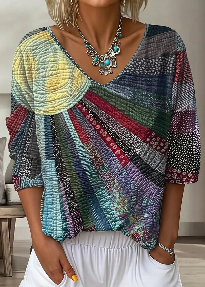 Bohemian Grey V Neck Print Cotton T Shirt Bracelet Sleeve