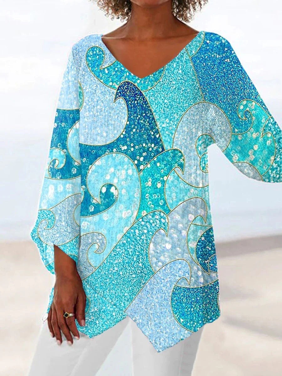 Colorful Casual V Neck Sequined Wave Print Long Sleeve Blouse