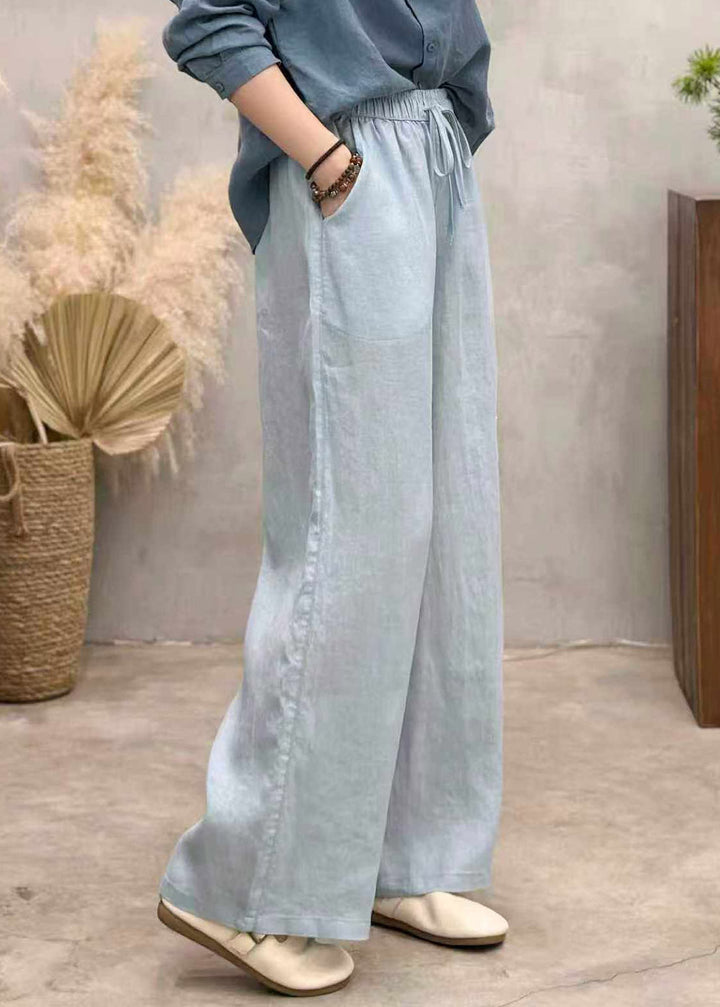 Loose White Pockets Tie Waist Solid Linen Wide Leg Pants Summer