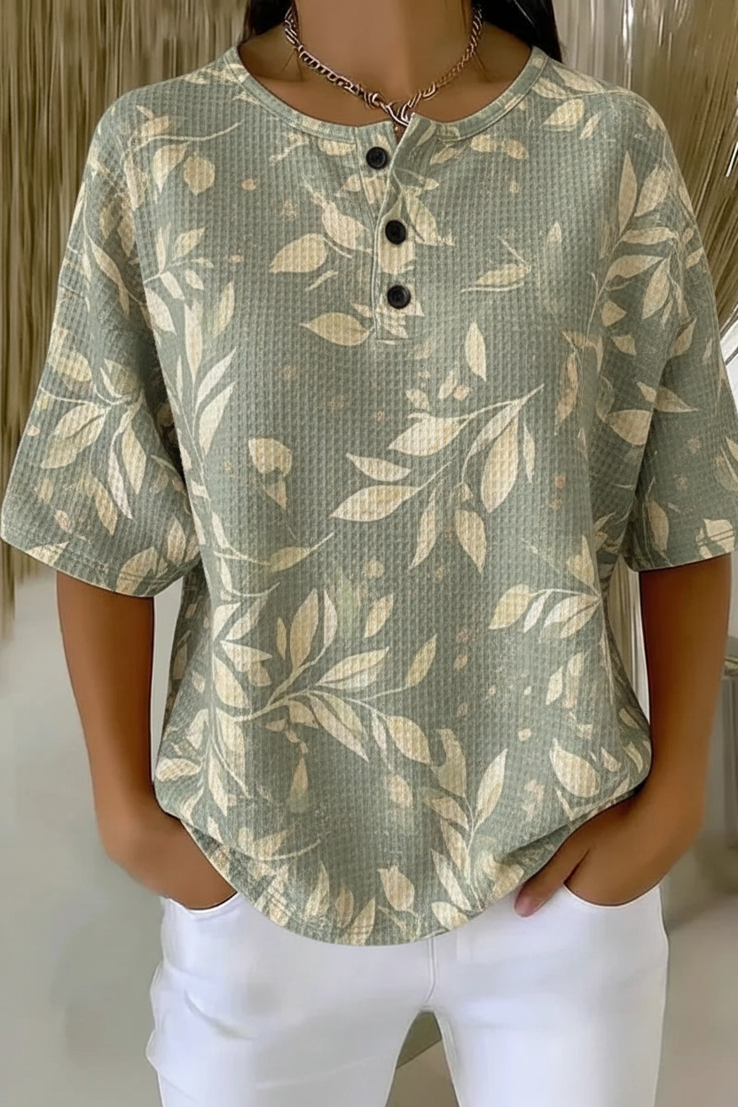 Womens Sage Leaf Print Button Detail Waffle Knit Short Sleeve Top