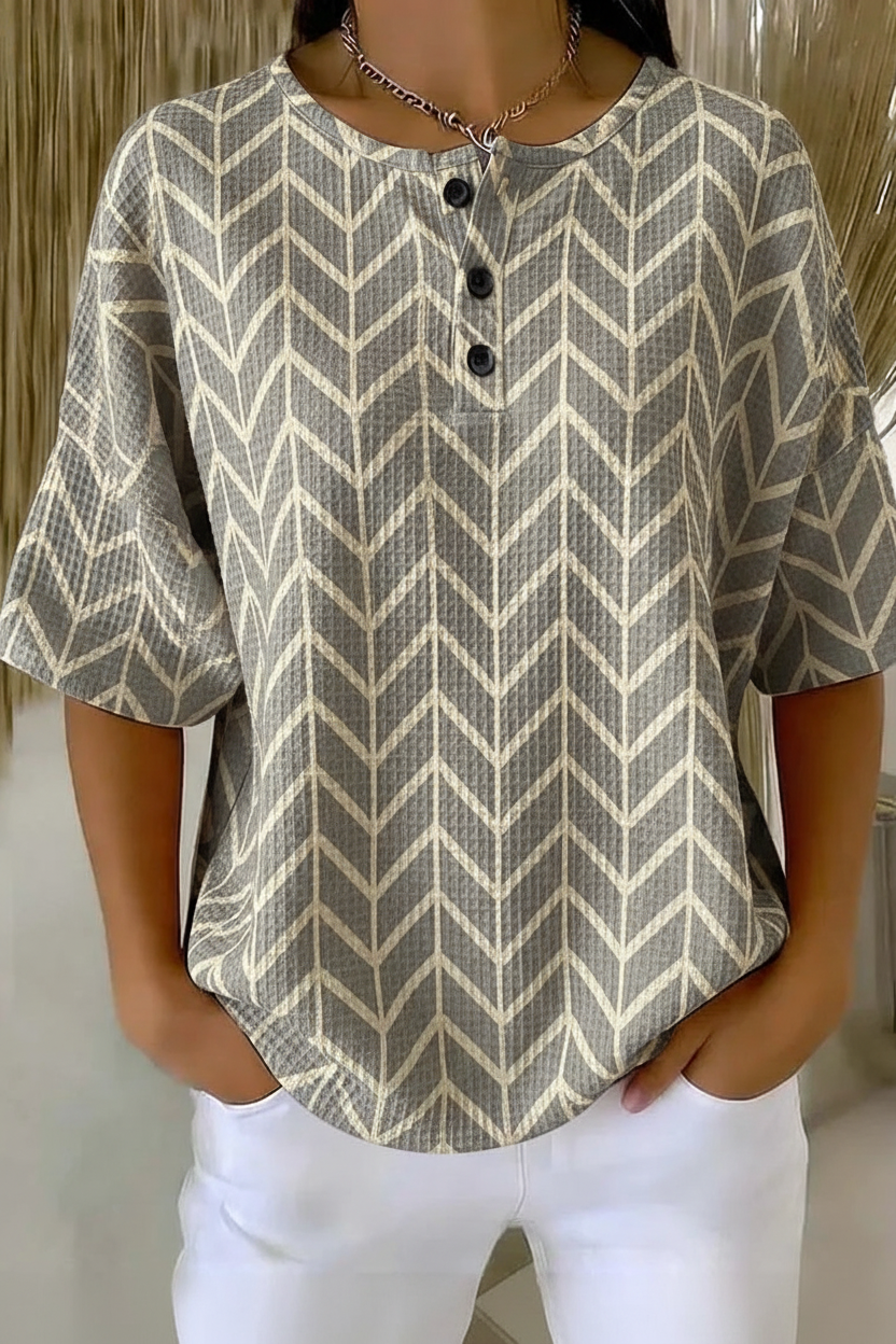 Womens Gray Chevron Print Button Detail Waffle Knit Short Sleeve Top