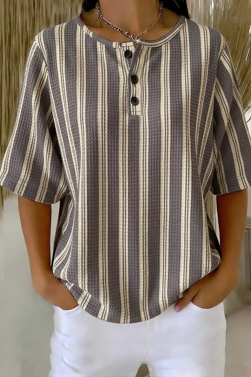 Womens Gray Vertical Stripe Button Detail Waffle Knit Short Sleeve Top