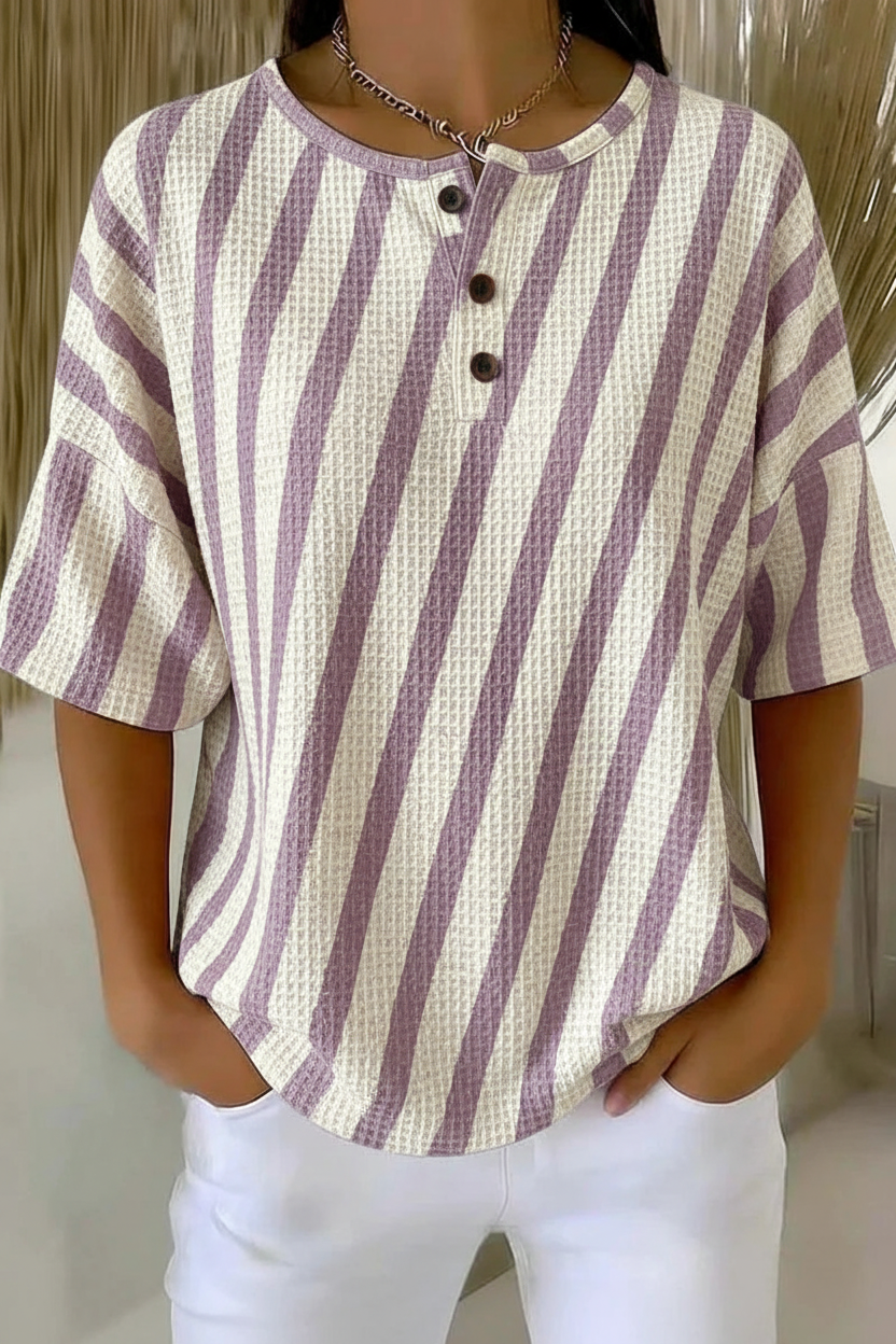 Womens Purple Stripe Button Detail Waffle Knit Short Sleeve Top