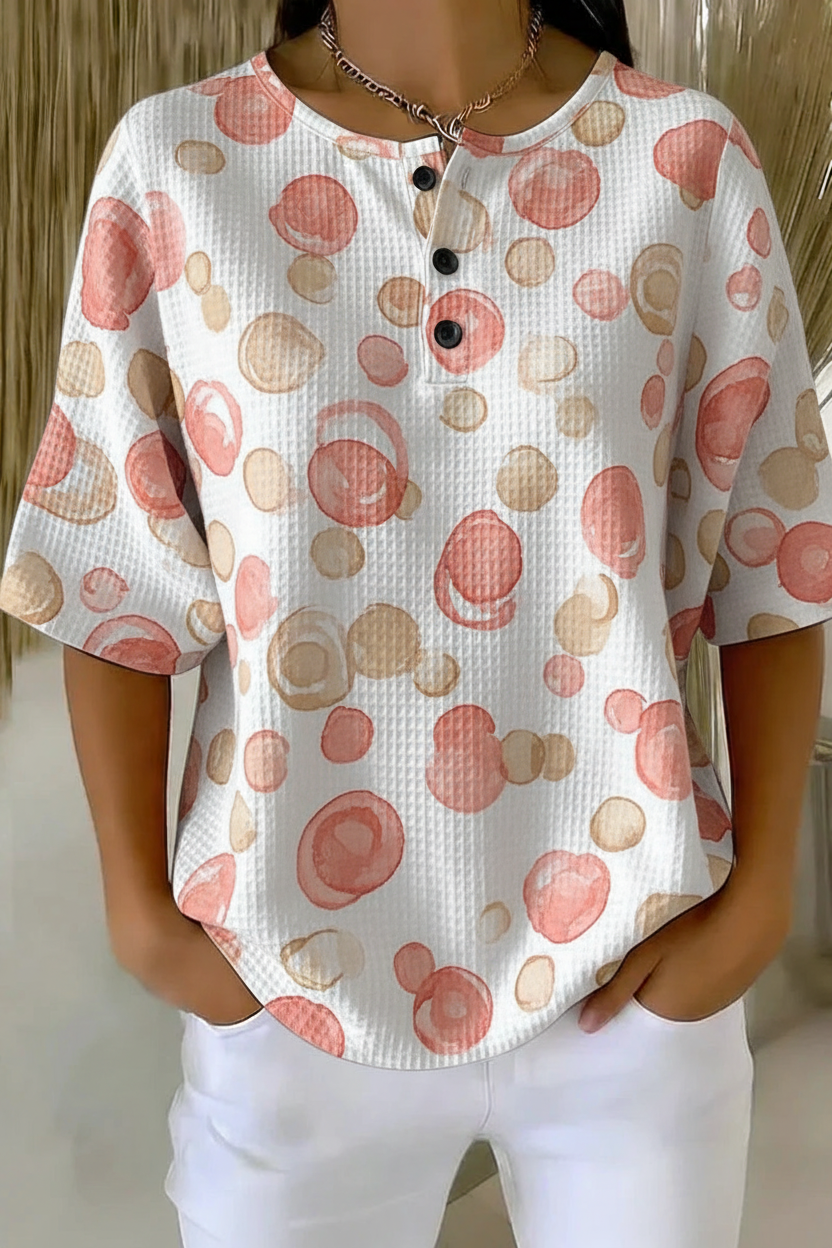 Womens Pink Polka Dot Button Detail Waffle Knit Short Sleeve Top