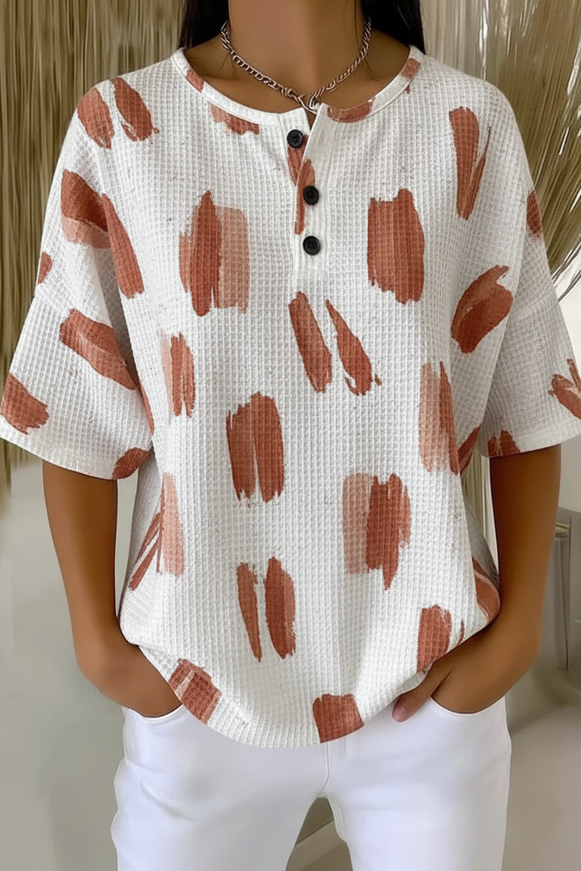 Womens Rust Abstract Brush Print Button Detail Waffle Knit Short Sleeve Top