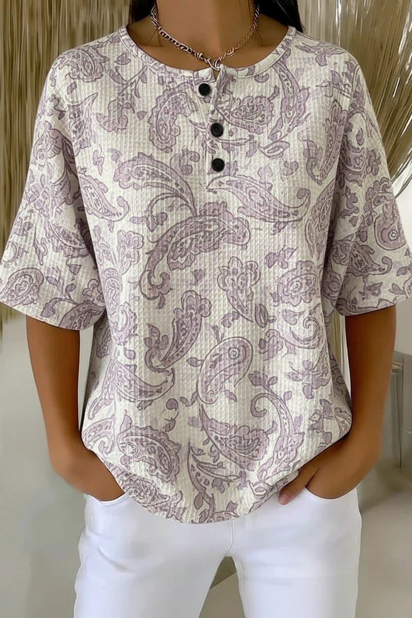 Womens Lavender Paisley Print Button Detail Waffle Knit Short Sleeve Top