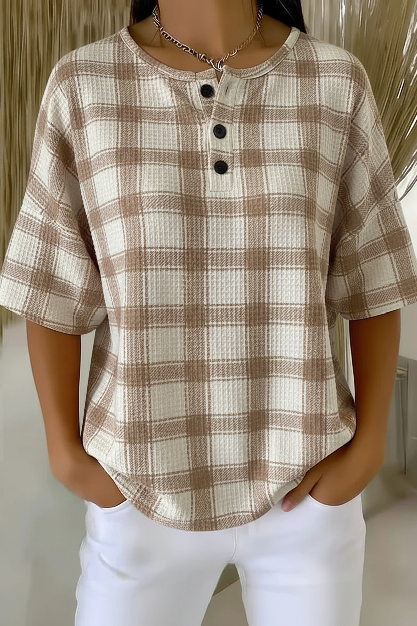 Womens Khaki Plaid Button Detail Waffle Knit Short Sleeve Top