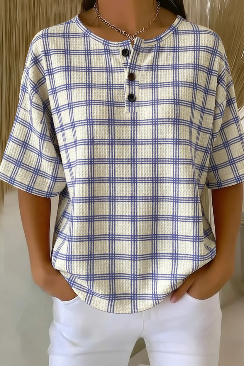 Womens Blue Plaid Button Detail Waffle Knit Short Sleeve Top