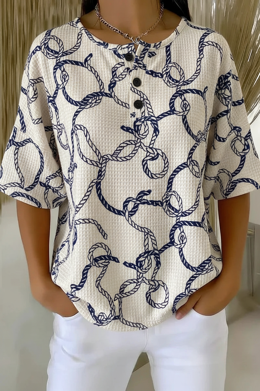 Womens Blue Rope Chain Print Button Detail Waffle Knit Short Sleeve Top