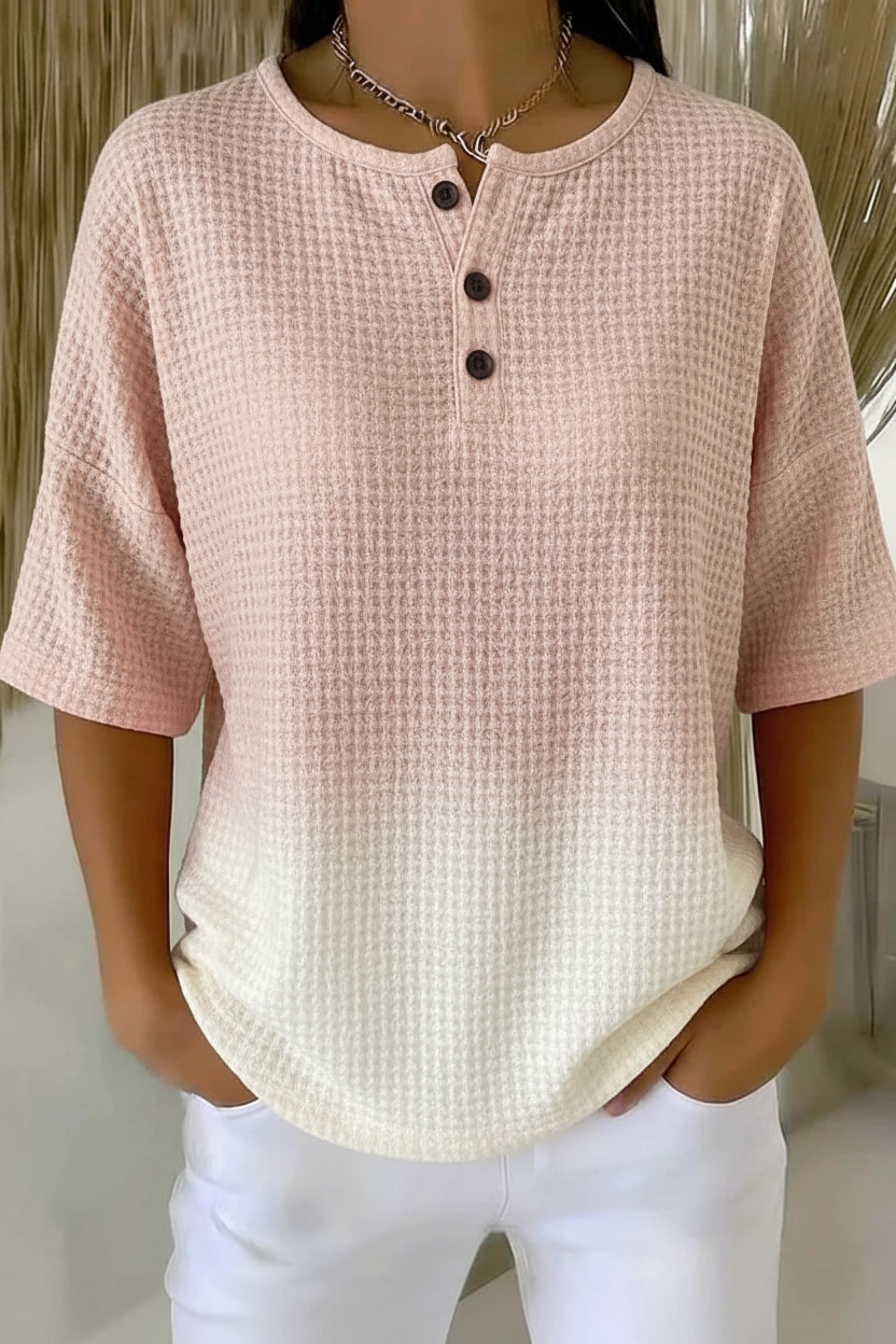 Womens Pink Ombre Button Detail Waffle Knit Short Sleeve Top