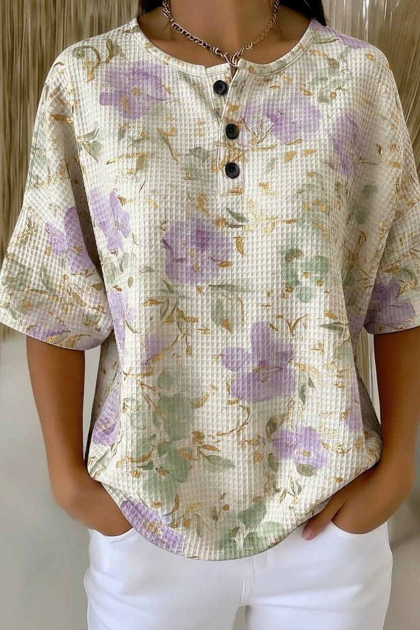 Womens Lavender Floral Print Button Detail Waffle Knit Short Sleeve Top