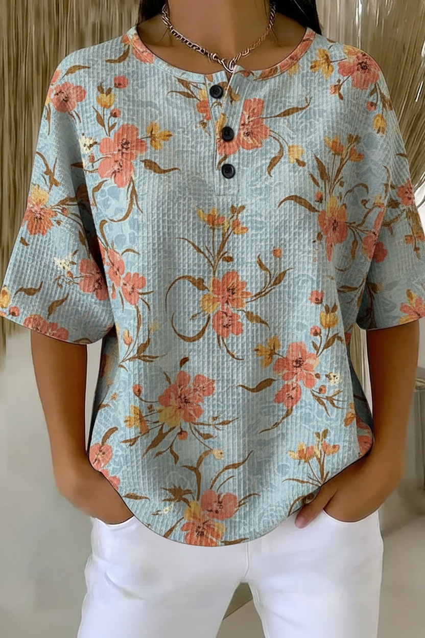 Womens Sky Blue Floral Print Button Detail Waffle Knit Short Sleeve Top