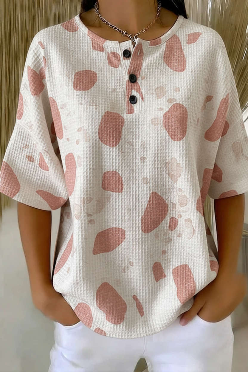 Womens Pink Abstract Spot Print Button Detail Waffle Knit Short Sleeve Top