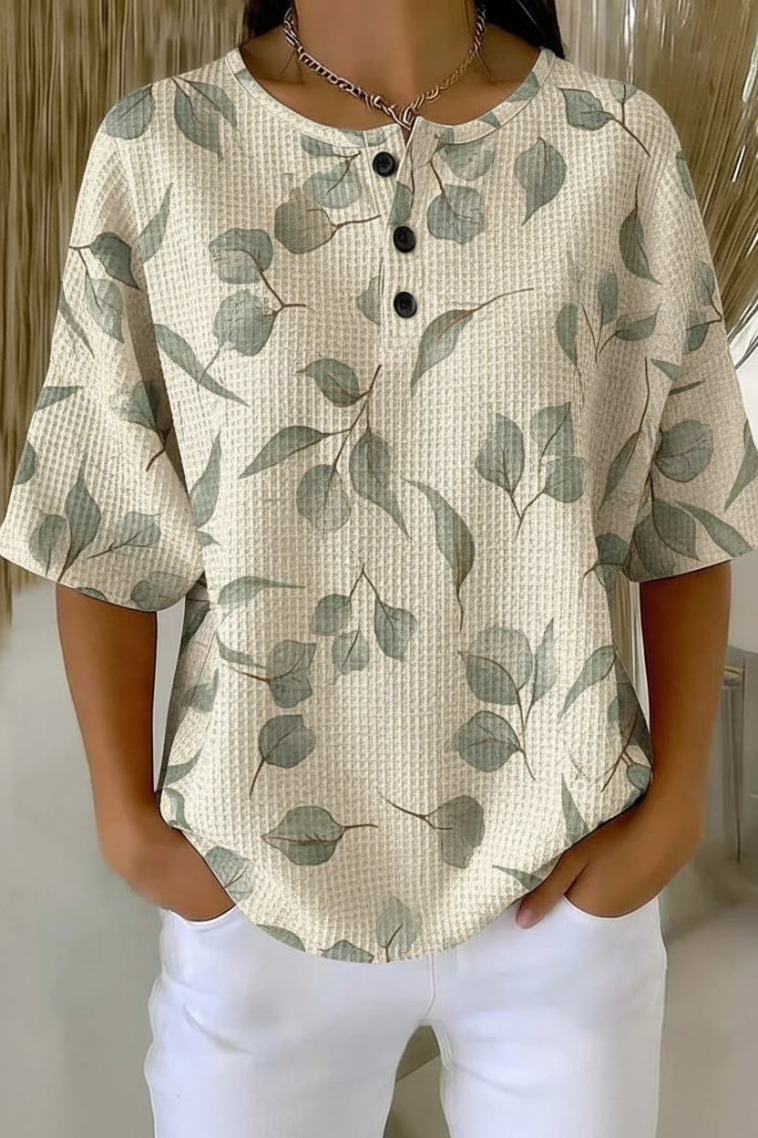 Womens Sage Leaf Print Button Detail Waffle Knit Short Sleeve Top