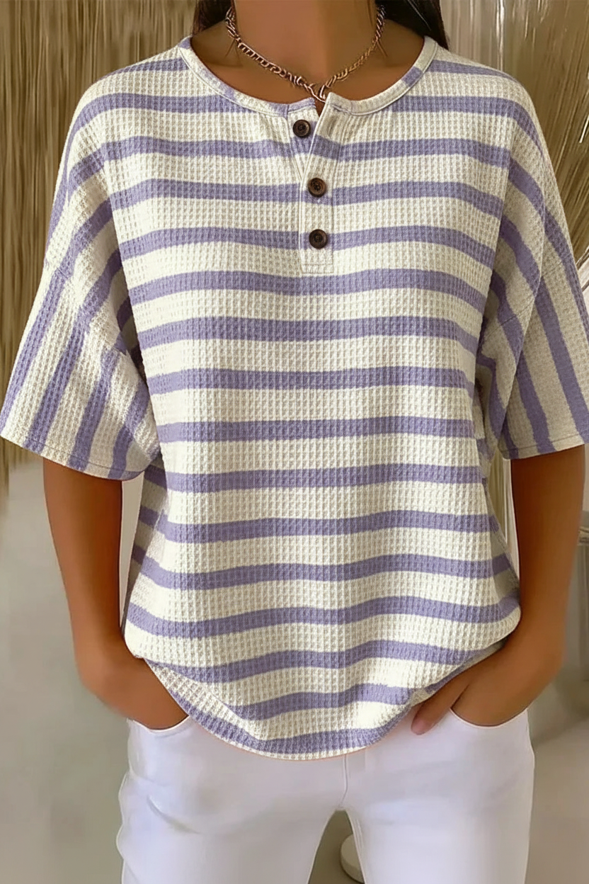 Womens Lavender Stripe Button Detail Waffle Knit Short Sleeve Top