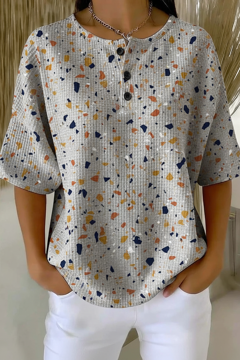 Womens Gray Speckled Print Button Detail Waffle Knit Short Sleeve Top
