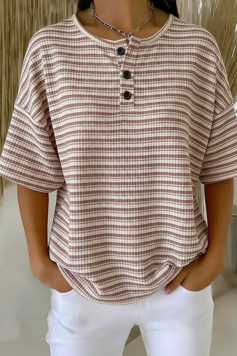Womens Mauve Stripe Button Detail Waffle Knit Short Sleeve Top