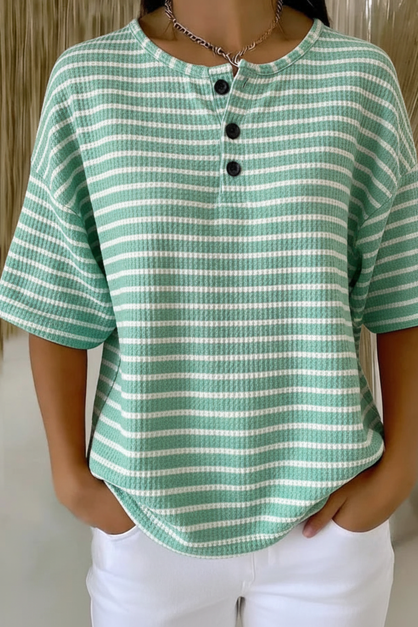 Womens Mint Stripe Button Detail Waffle Knit Short Sleeve Top