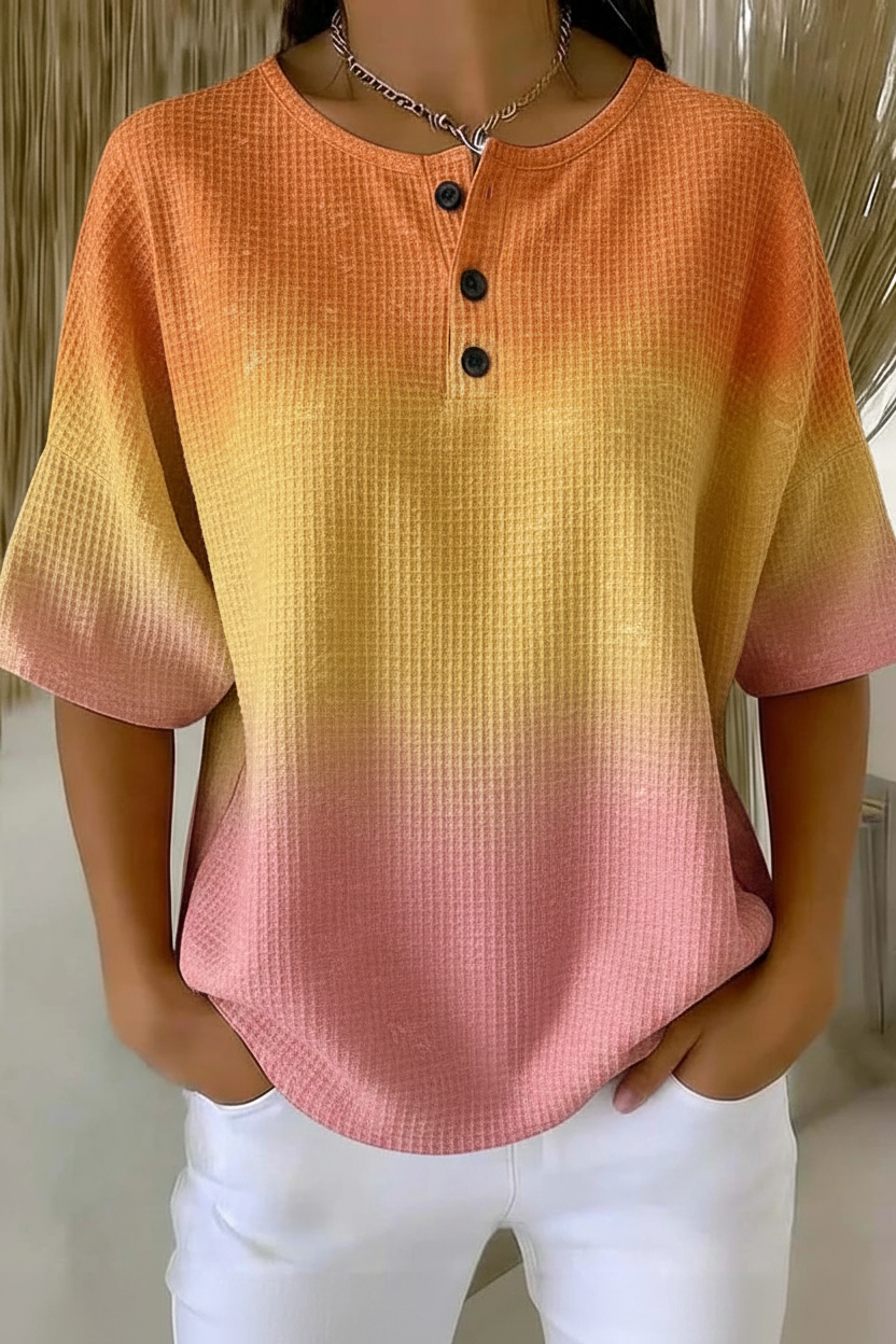 Women's Sunset Gradient Colorblock Art Pattern Print Casual Waffle Cotton Shirt