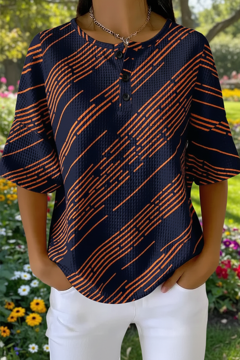 Women's Black Orange Abstract Line Art Pattern Print Casual Waffle Cotton Shirt