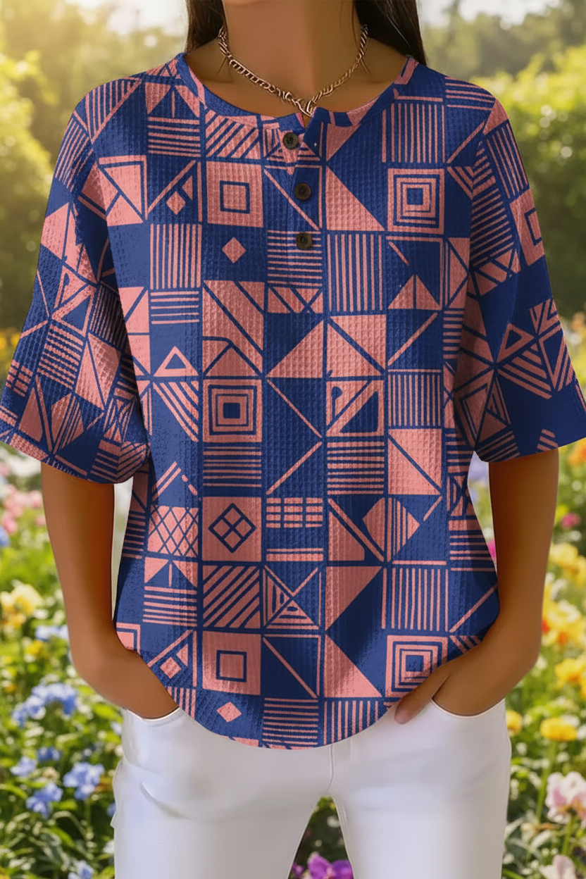 Women's Geometric Art Pattern Print Casual Waffle Cotton Shirt