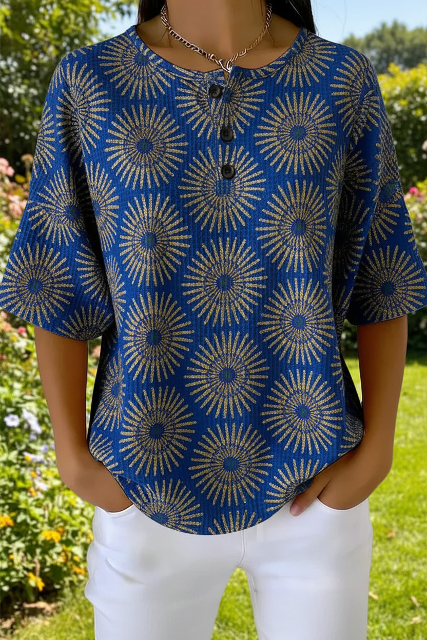Women's Vintage Sunburst Floral Art Pattern Print Casual Waffle Cotton Shirt