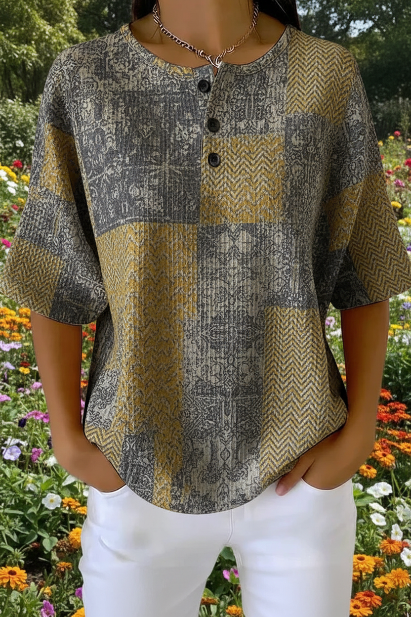 Womens Vintage Patchwork Art Pattern Print Casual Waffle Cotton Shirt