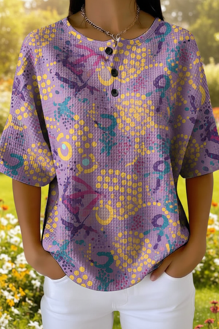 Womens Abstract Dot Art Pattern Print Casual Waffle Cotton Shirt