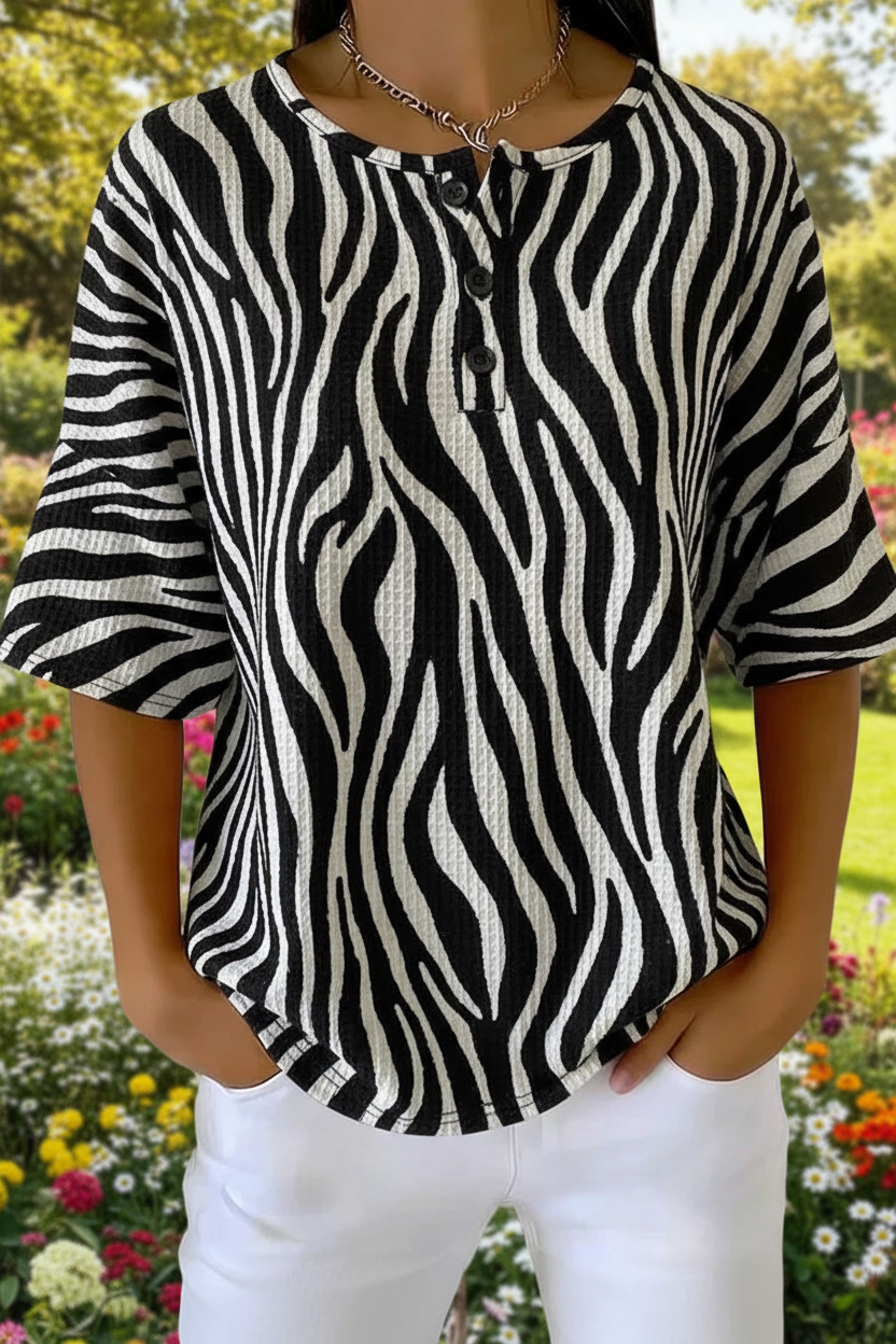 Womens Zebra Stripe Art Pattern Print Casual Waffle Cotton Shirt